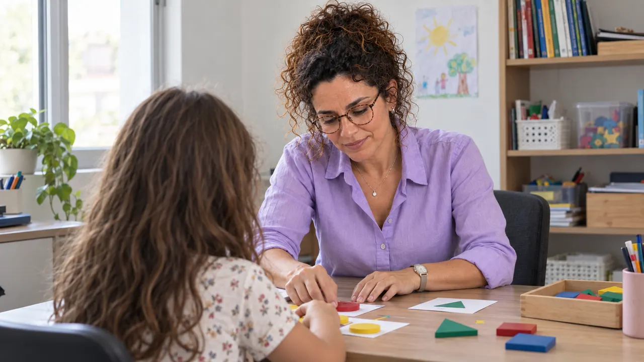 Mariana em sessão com uma criança, usando peças coloridas sobre a mesa